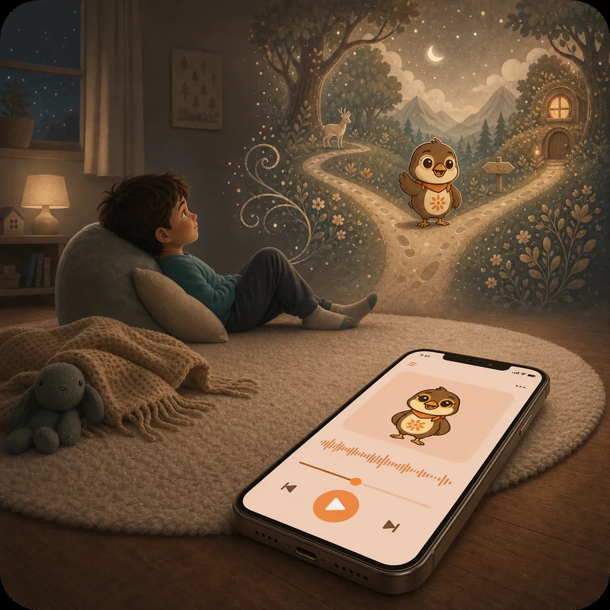 A Hey Minie story playing on a foreground phone as a child imagines Minie guiding a branching woodland adventure