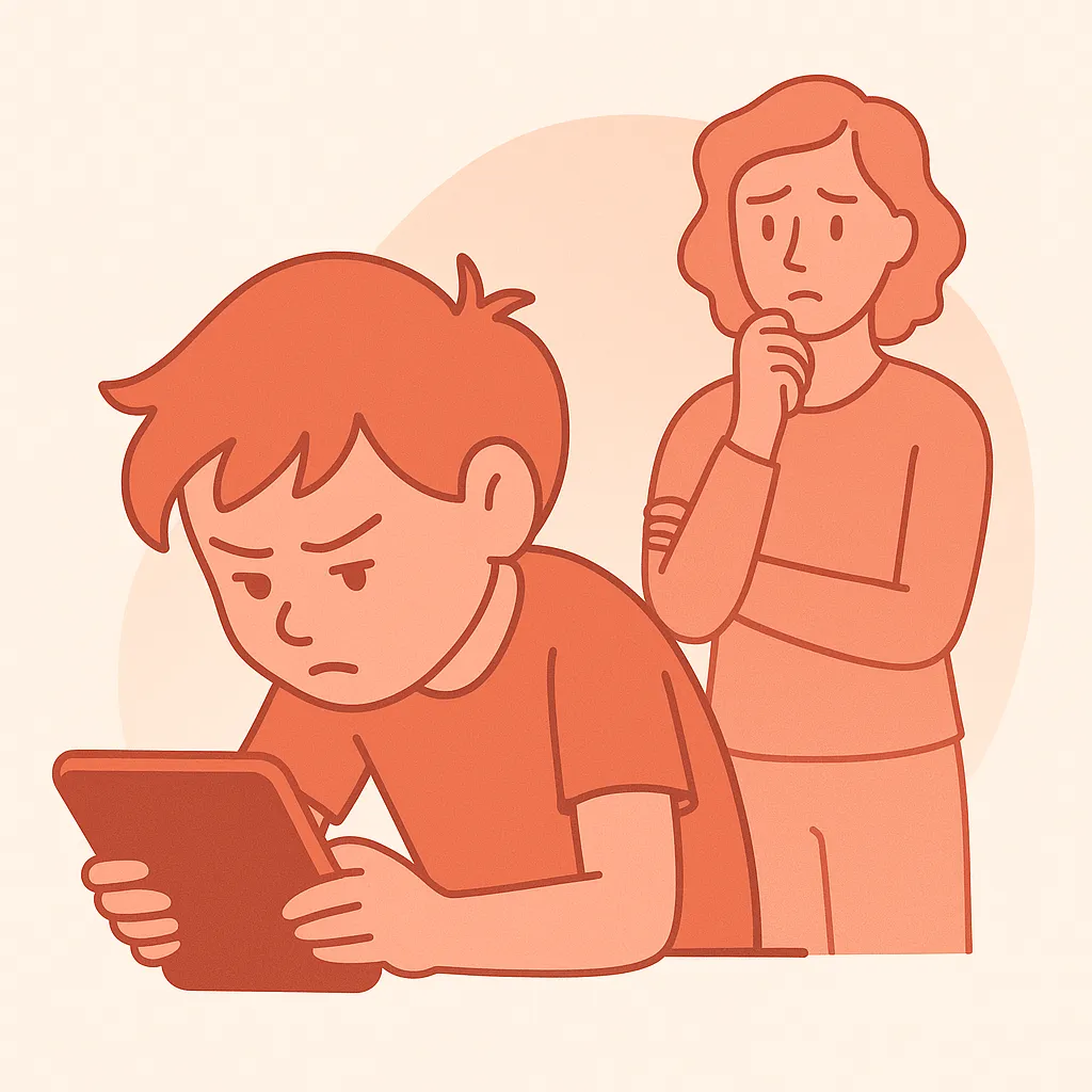 Child focused on screen time with concerned parent